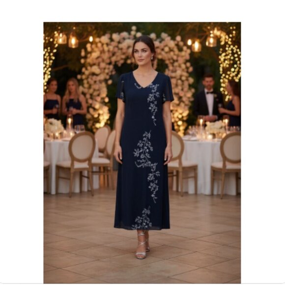 Donna Ricco Elegant Navy Blue Floral Maxi Dress Gown, 14 - Picture 15 of 15